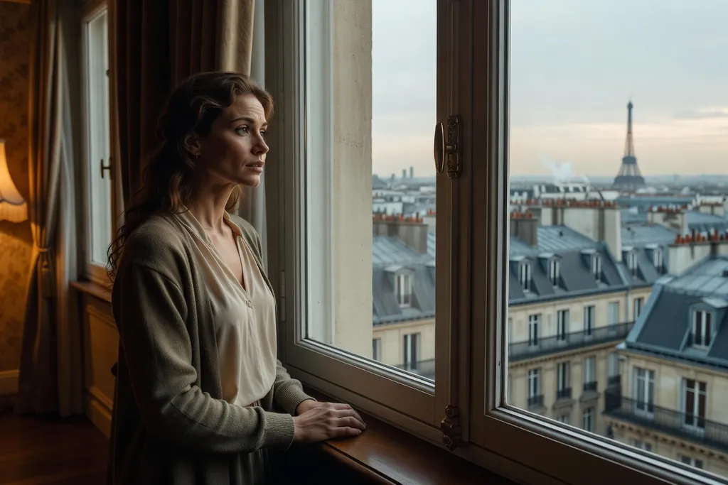Femme ukrainienne regardant par la fenetre d’un appartement haussmannien sur les toits de Paris