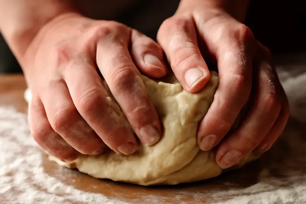 Mains pétrissant la pâte pour les varenyky