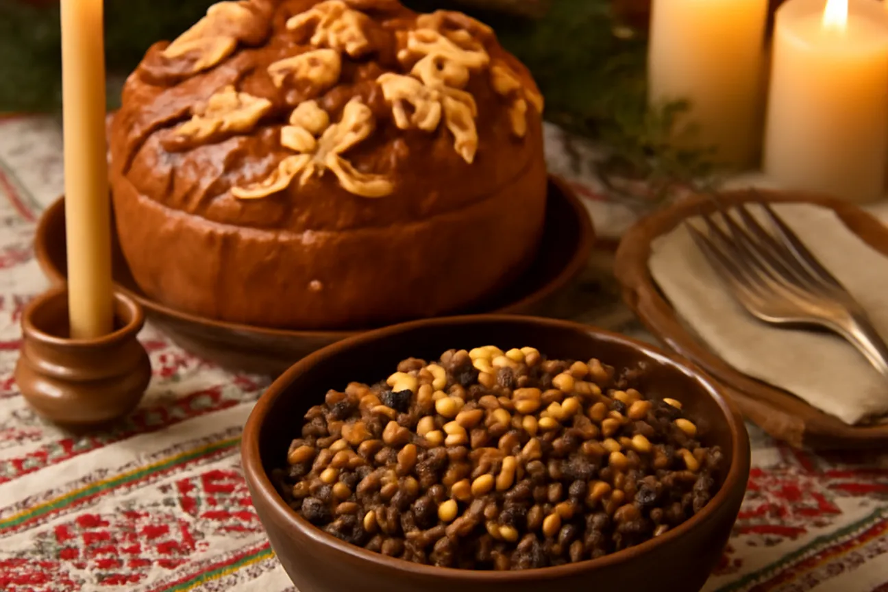 Table de Noël ukrainien avec kutia et pains traditionnels décorés
