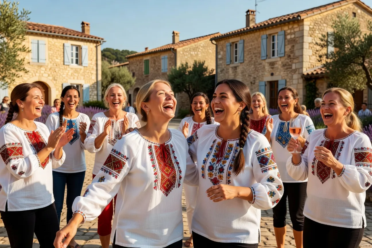 Femmes en chemises brodées vichyvanka lors d’une célébration en France