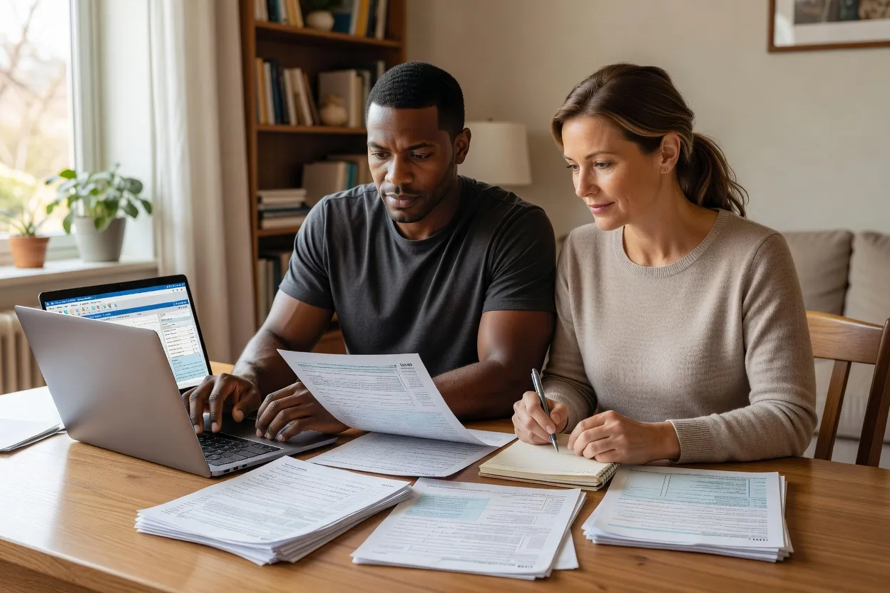 Couple préparant sa déclaration de revenus à domicile avec ordinateur et documents