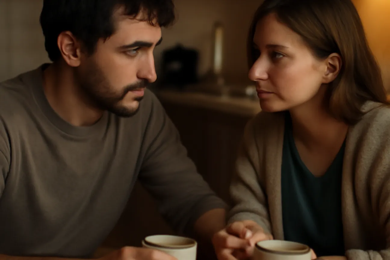 Couple franco-ukrainien en discussion apaisée autour d’une table
