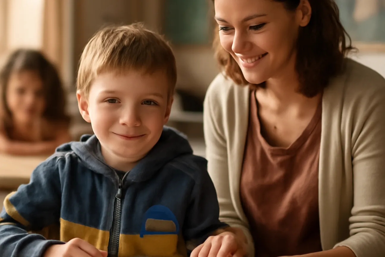 Enfant ukrainien dans une salle de classe française avec professeure souriante