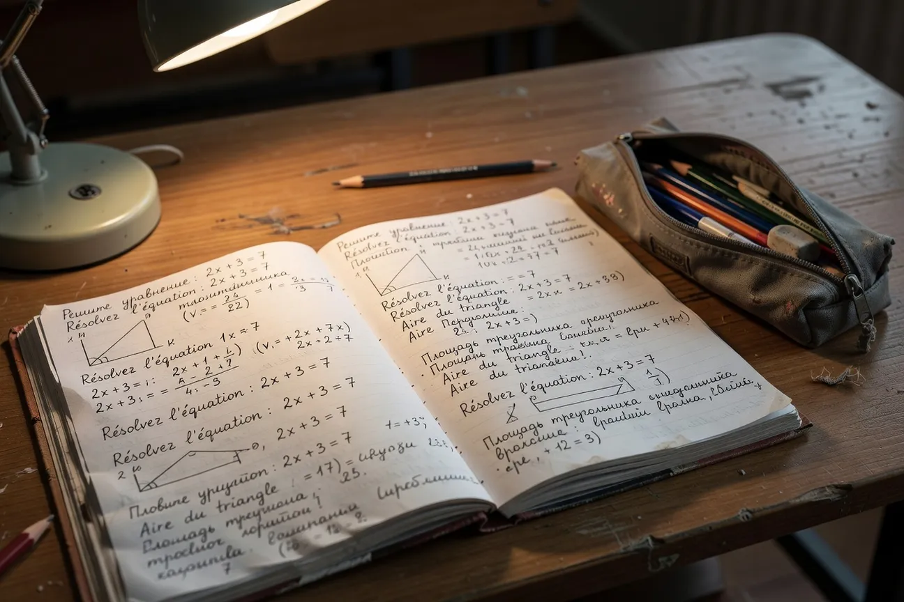 Cahier d’exercices de mathématiques avec formules et écriture cyrillique