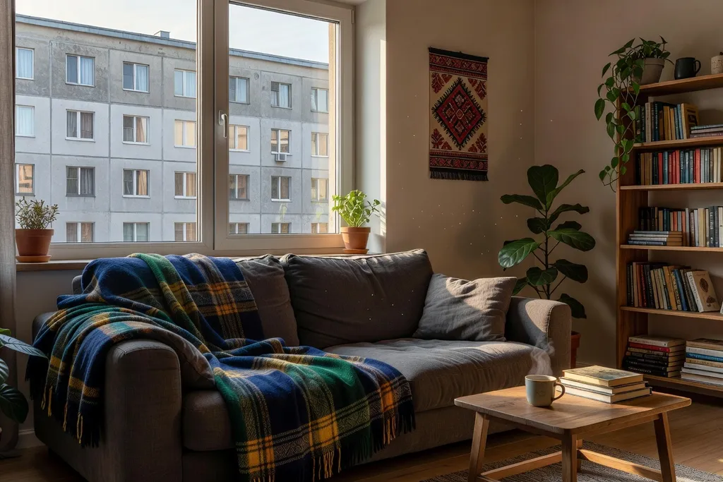 Intérieur d’un appartement ukrainien moderne, cosy avec canapé et vue sur des immeubles reconvertis