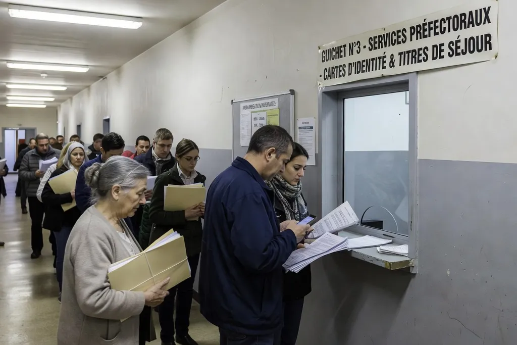 File d’attente devant un guichet de prefecture francaise, personnes avec dossiers