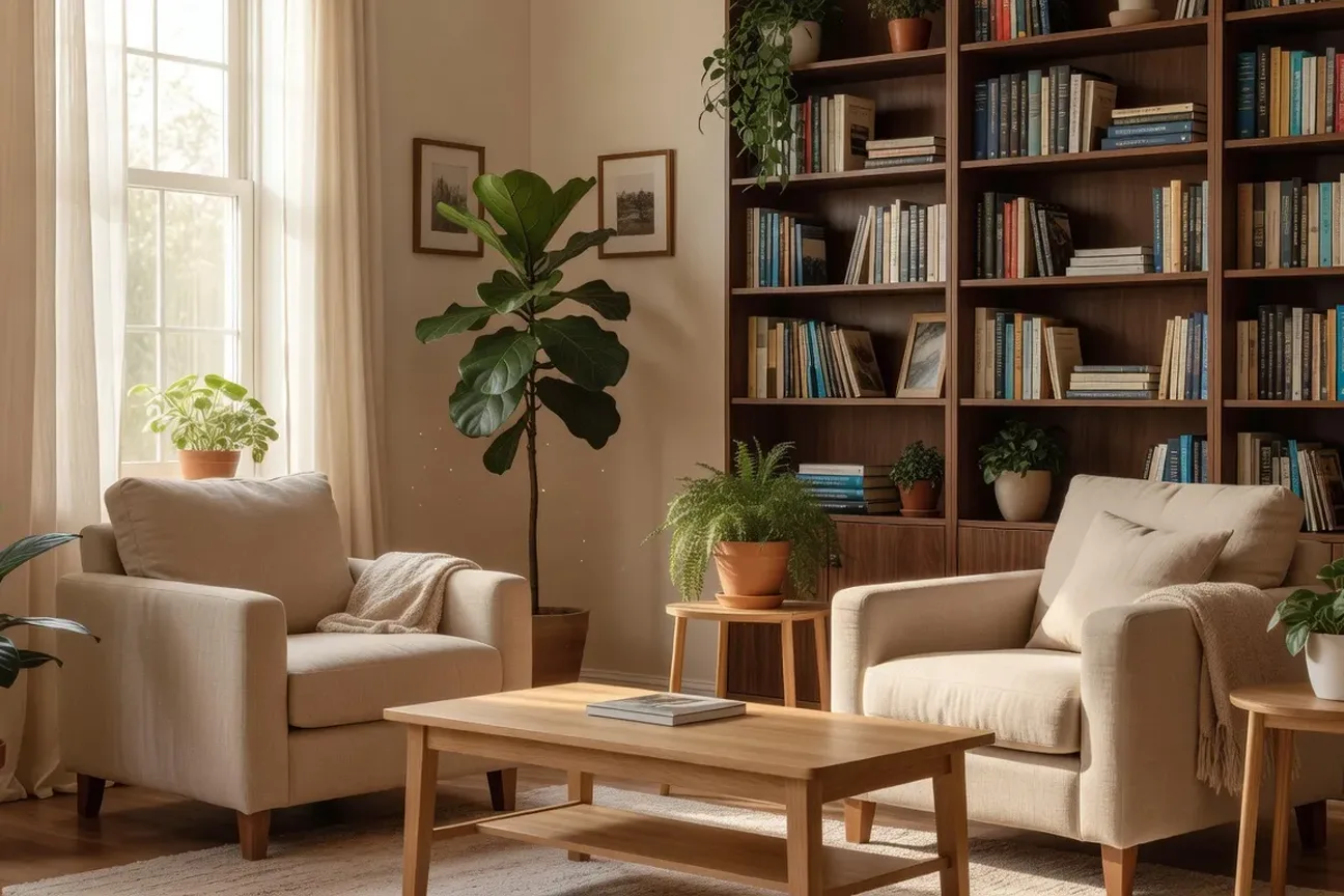 Bureau de cabinet de psychologie, ambiance professionnelle chaleureuse