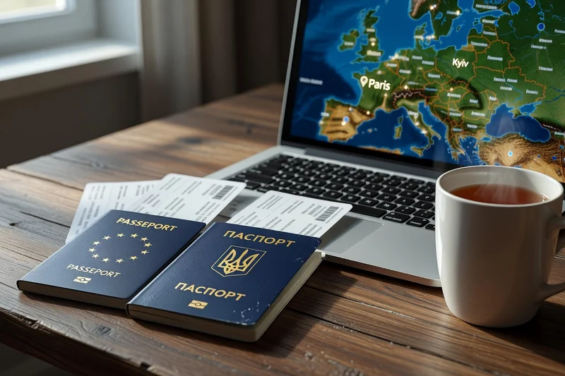 Passeports français et ukrainien côte à côte sur un bureau avec des billets d'avion et un ordinateur portable ouvert sur une carte de l'Europe